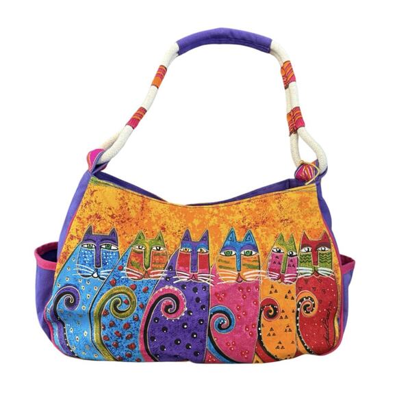 Laurel Burch Fantasticats Purse Shoulder Bag 6 Cats Zip Canvas Wood Bag Charm - Picture 3 of 15